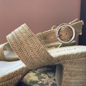 Anne Klein Taupe Jute Padrino Raffia Slingback Block Heel Sandals